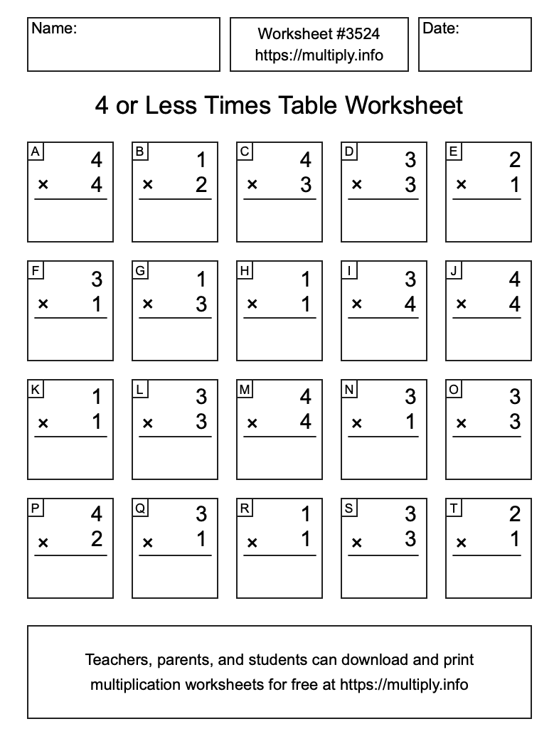 4 or less Times Table Worksheet #3524