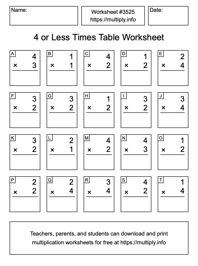 4 or less Times Table Worksheet #3525