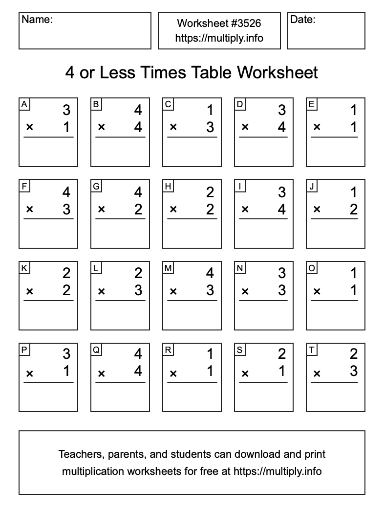 4 or less Times Table Worksheet #3526