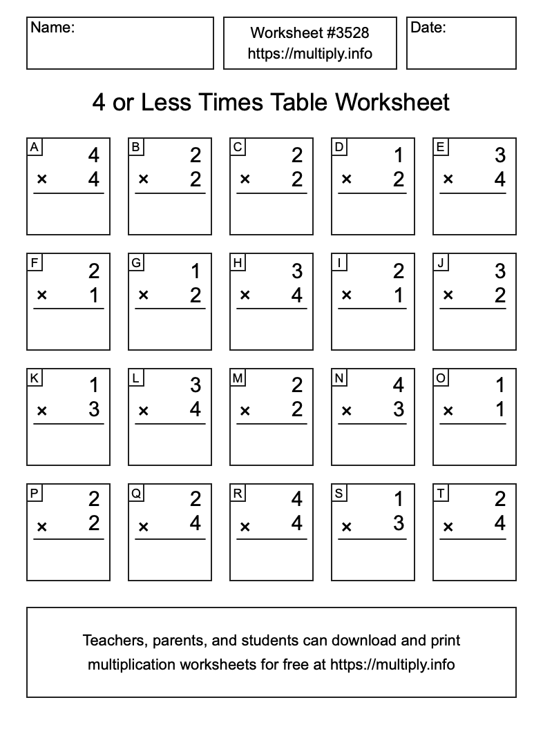 4 or less Times Table Worksheet #3528