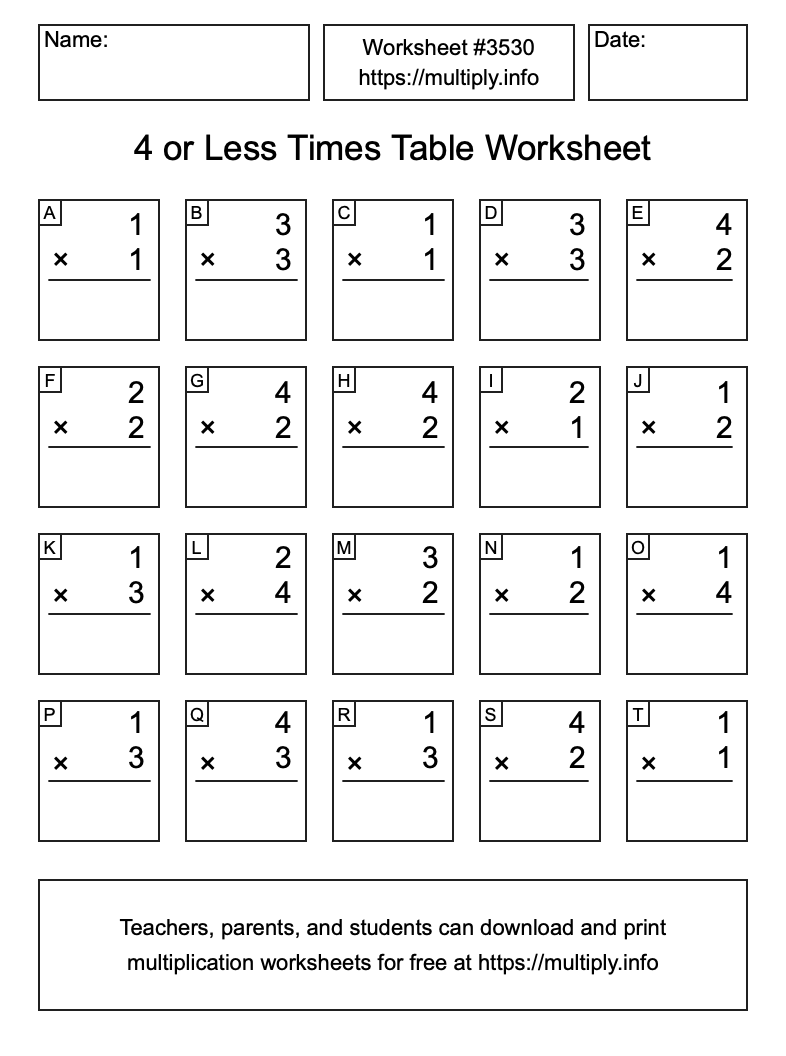 4 or less Times Table Worksheet #3530