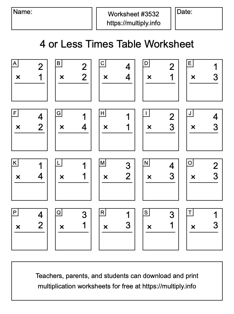 4 or less Times Table Worksheet #3532