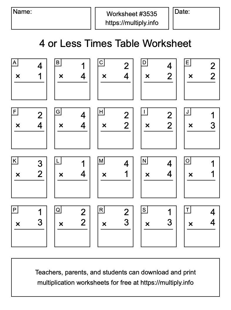 4 or less Times Table Worksheet #3535
