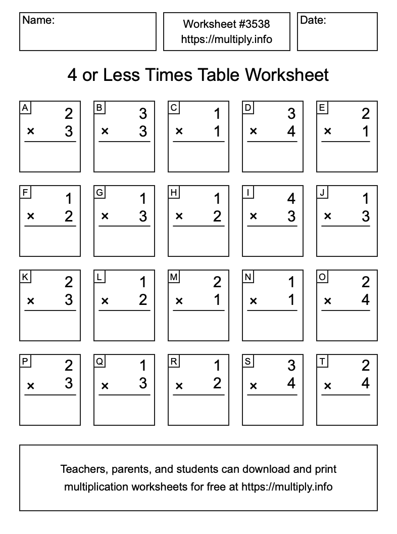 4 or less Times Table Worksheet #3538