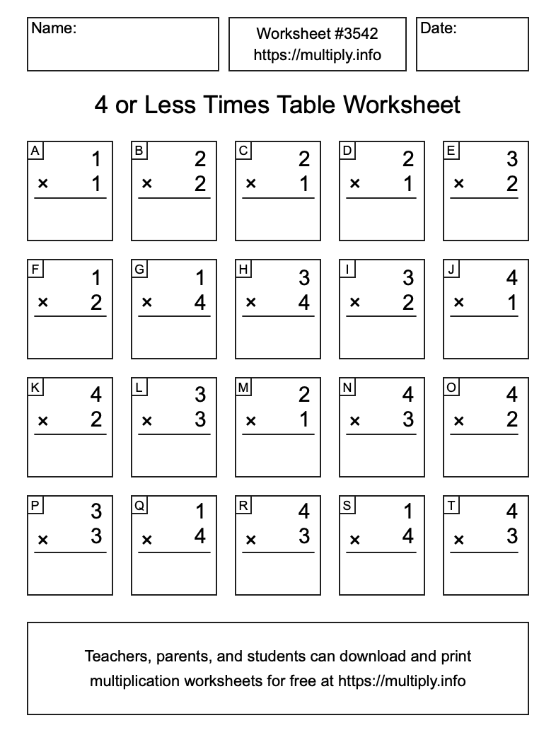 4 or less Times Table Worksheet #3542