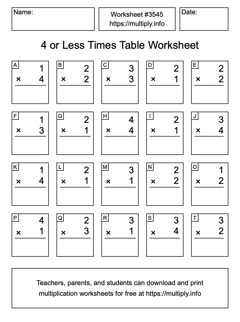 4 or less Times Table Worksheet #3545