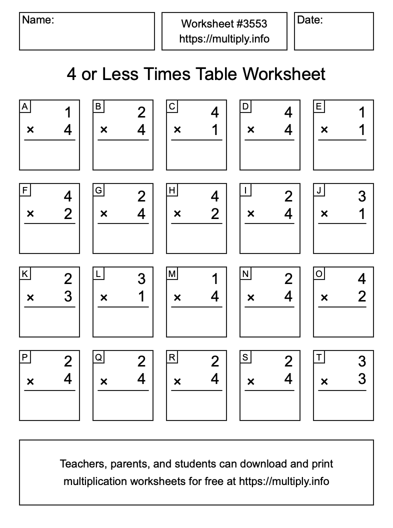 4 or less Times Table Worksheet #3553