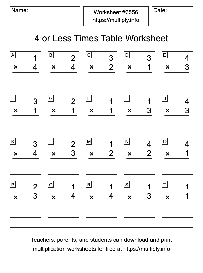4 or less Times Table Worksheet #3556