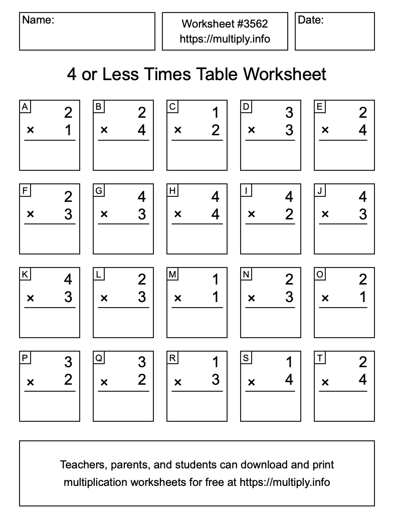 4 or less Times Table Worksheet #3562