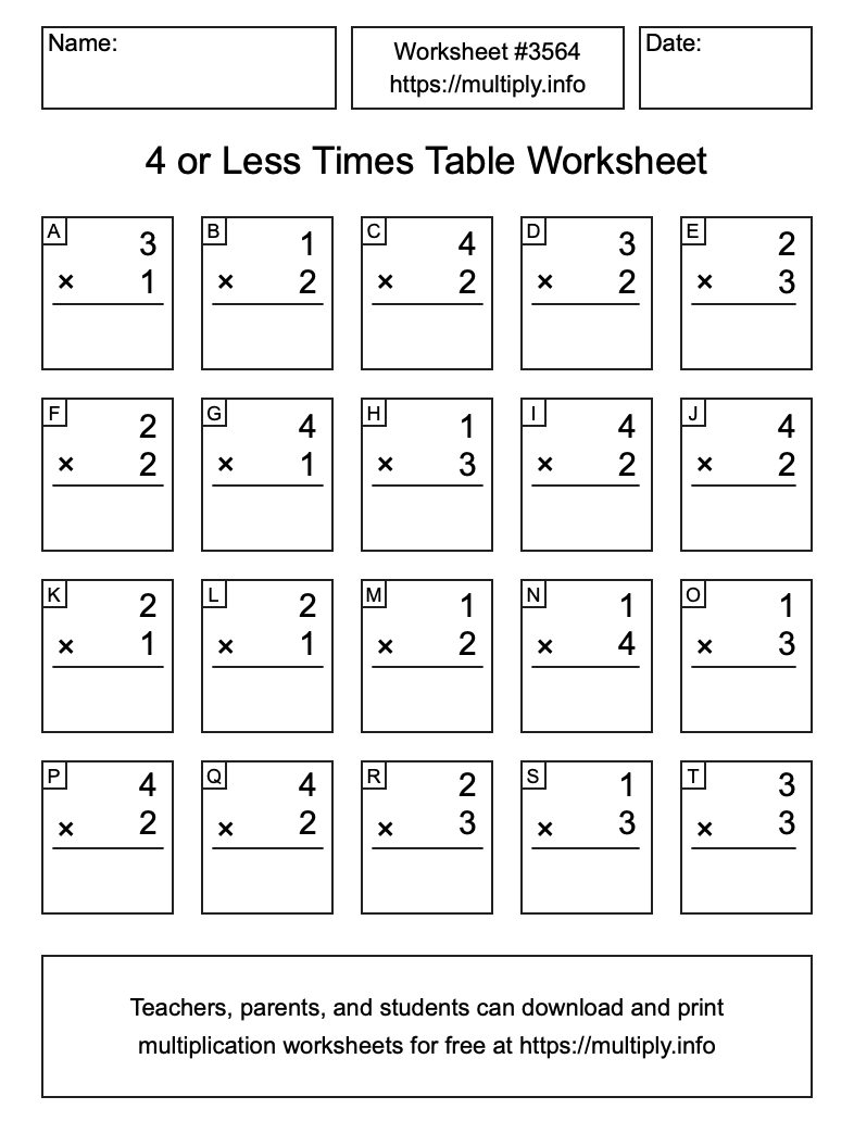 4 or less Times Table Worksheet #3564