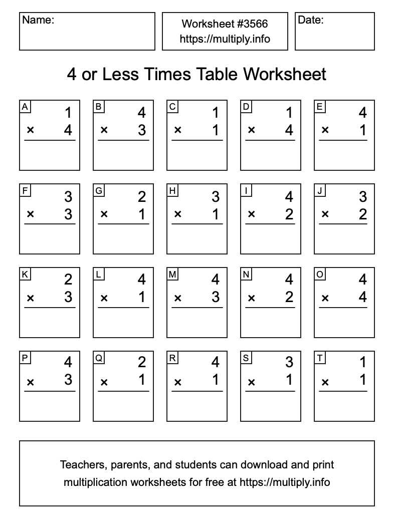 4 or less Times Table Worksheet #3566