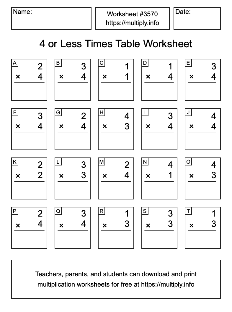 4 or less Times Table Worksheet #3570