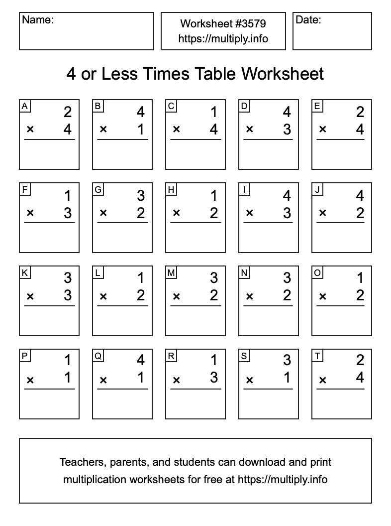 4 or less Times Table Worksheet #3579