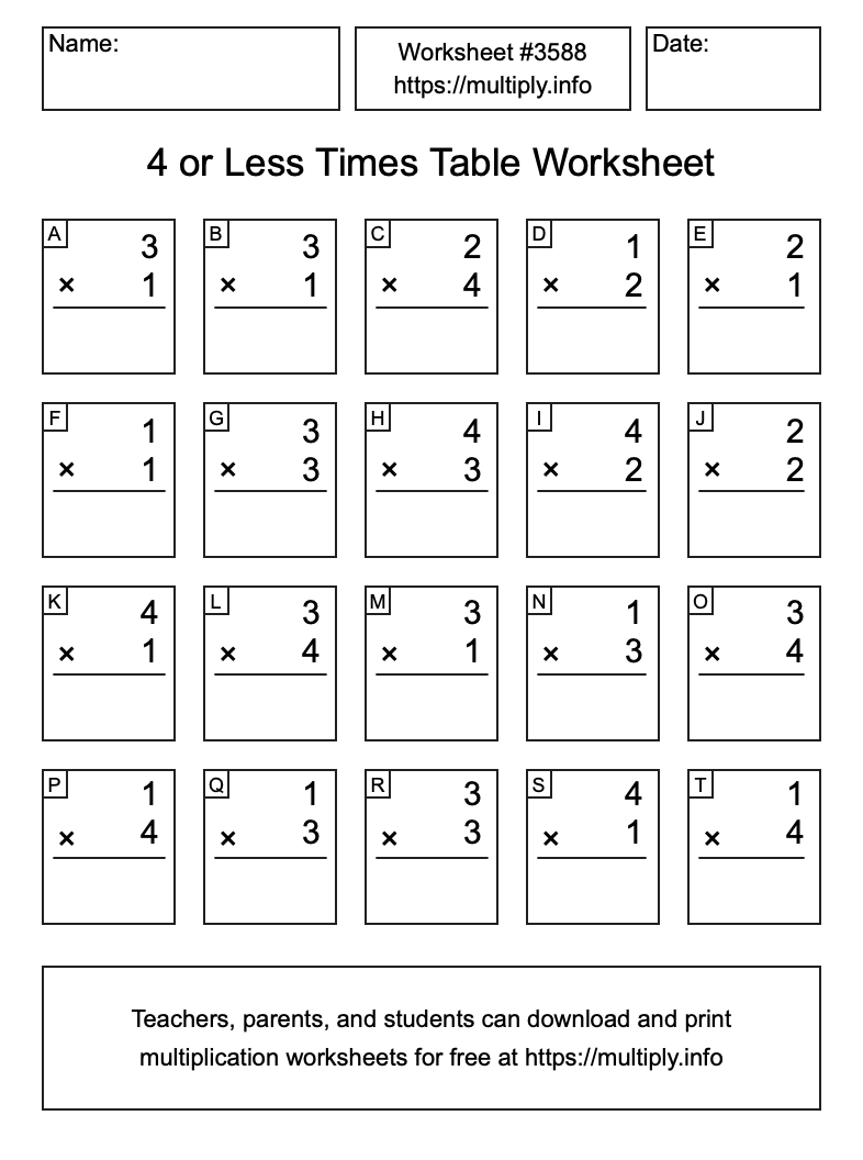 4 or less Times Table Worksheet #3588