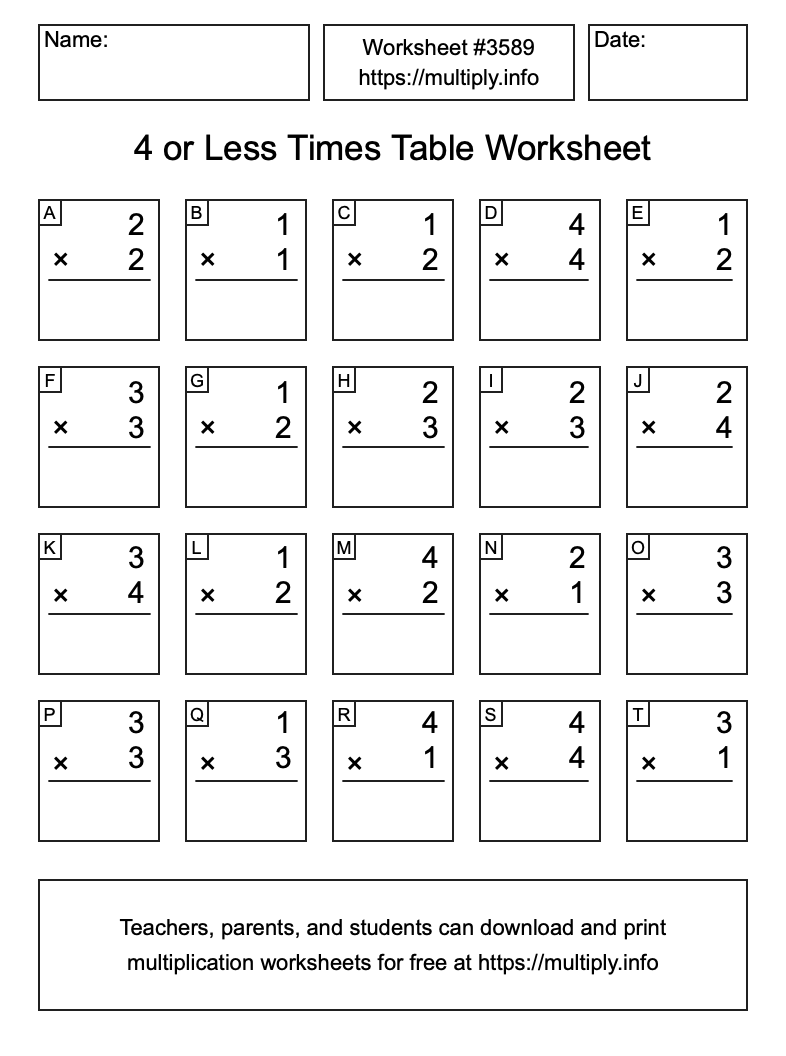 4 or less Times Table Worksheet #3589