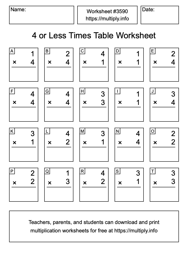 4 or less Times Table Worksheet #3590