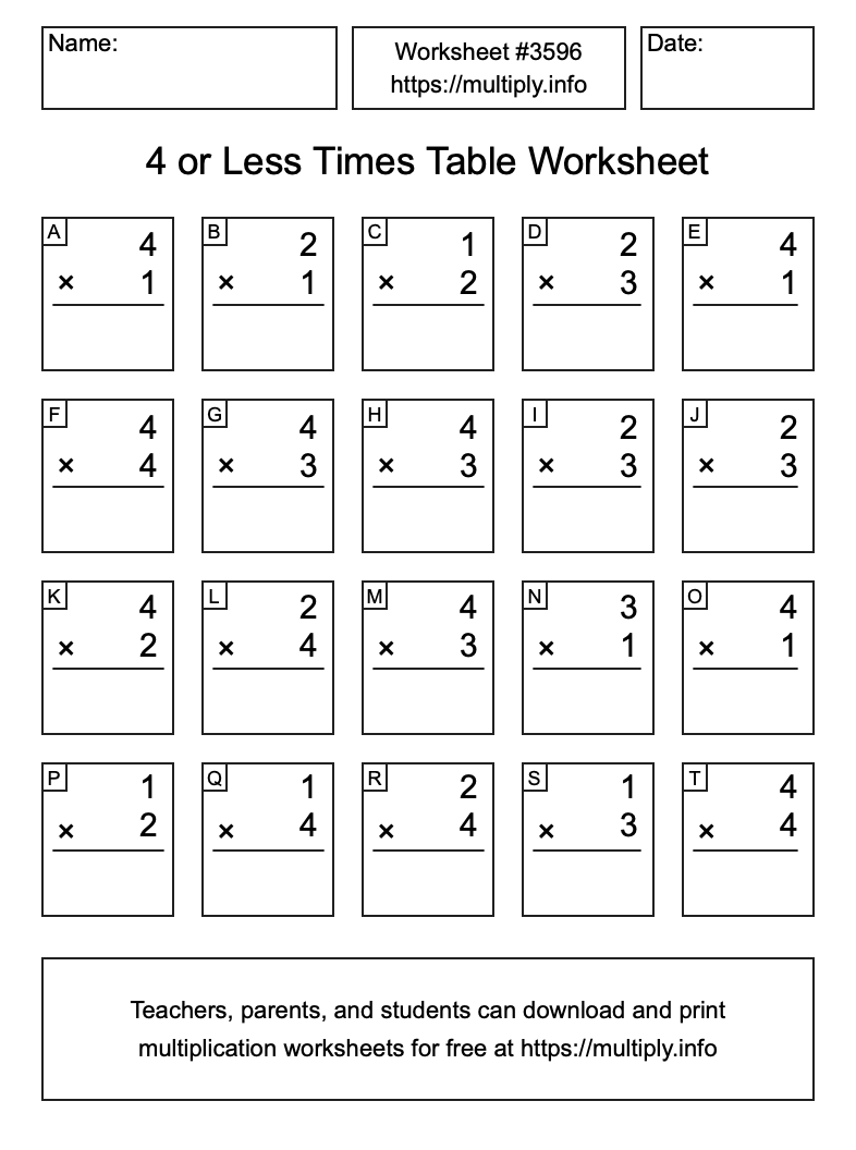 4 or less Times Table Worksheet #3596