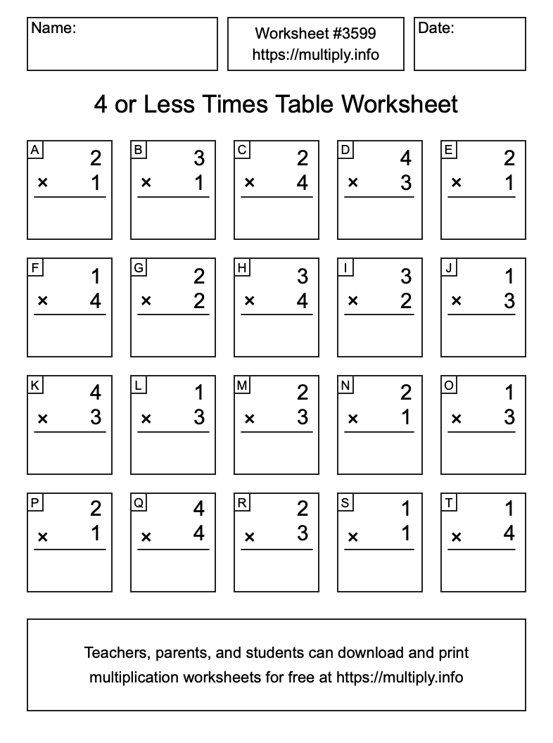 4 or less Times Table Worksheet #3599