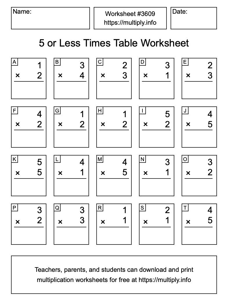 5 or less Times Table Worksheet #3609