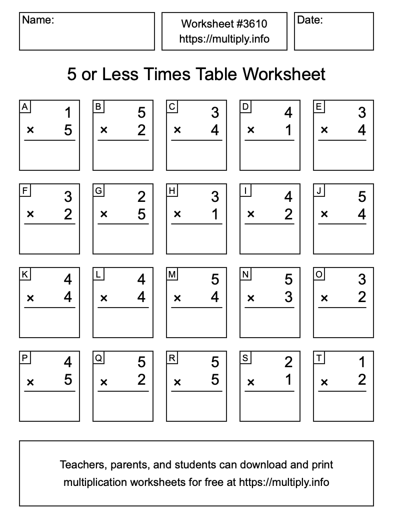 5 or less Times Table Worksheet #3610