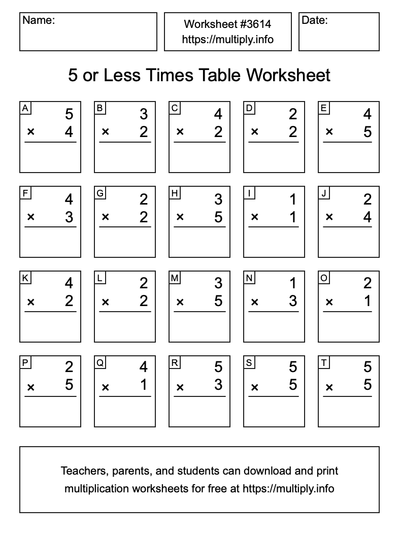 5 or less Times Table Worksheet #3614