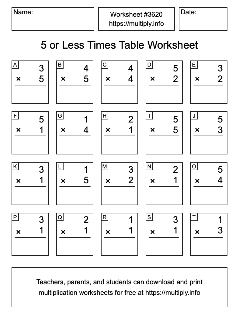 5 or less Times Table Worksheet #3620