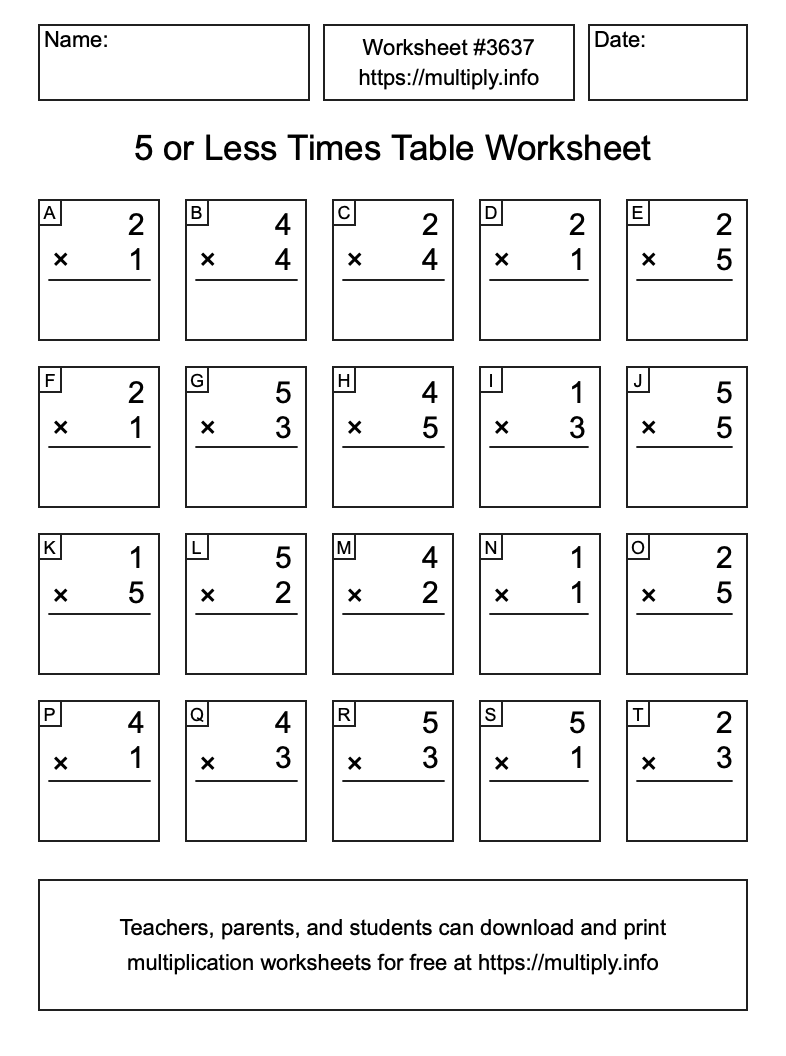 5 or less Times Table Worksheet #3637