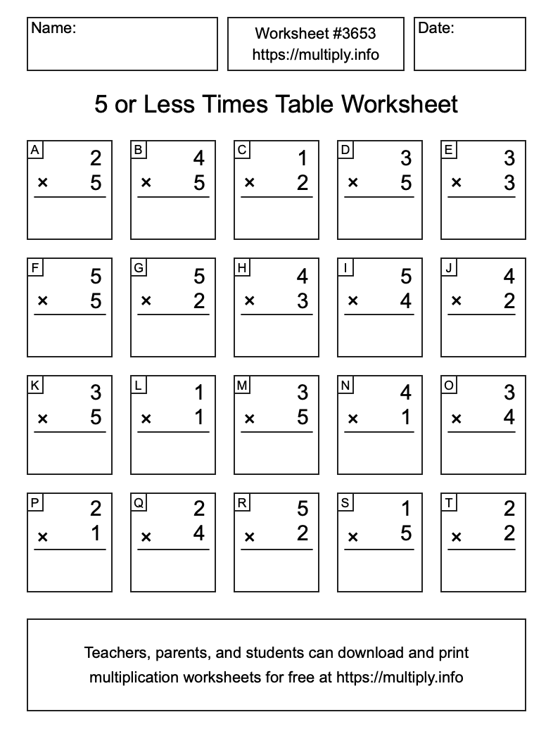 5 or less Times Table Worksheet #3653