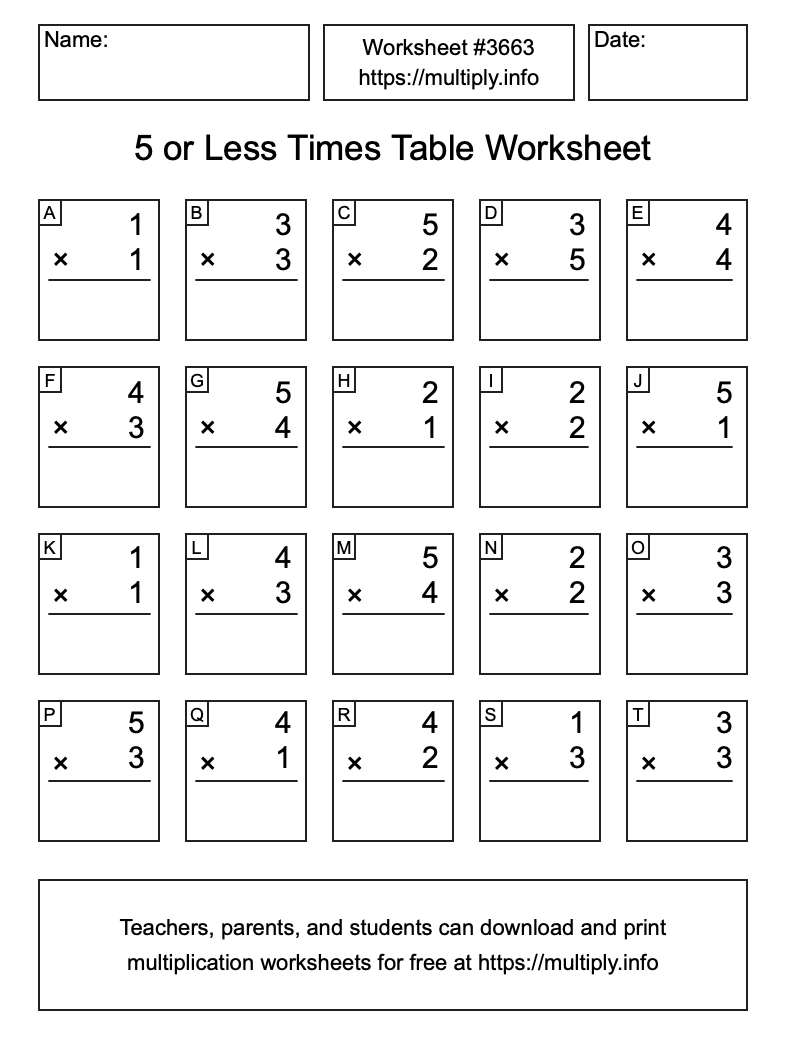 5 or less Times Table Worksheet #3663