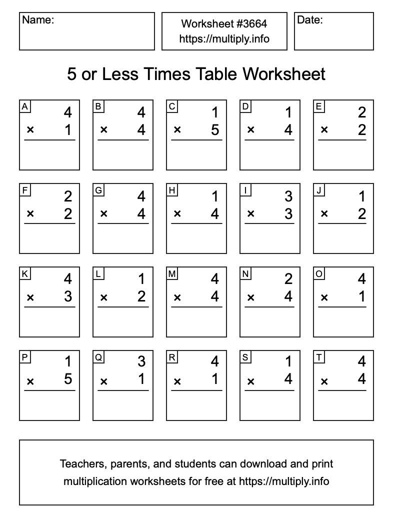 5 or less Times Table Worksheet #3664