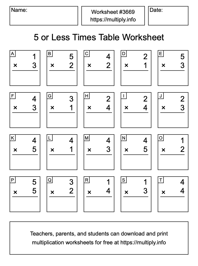 5 or less Times Table Worksheet #3669