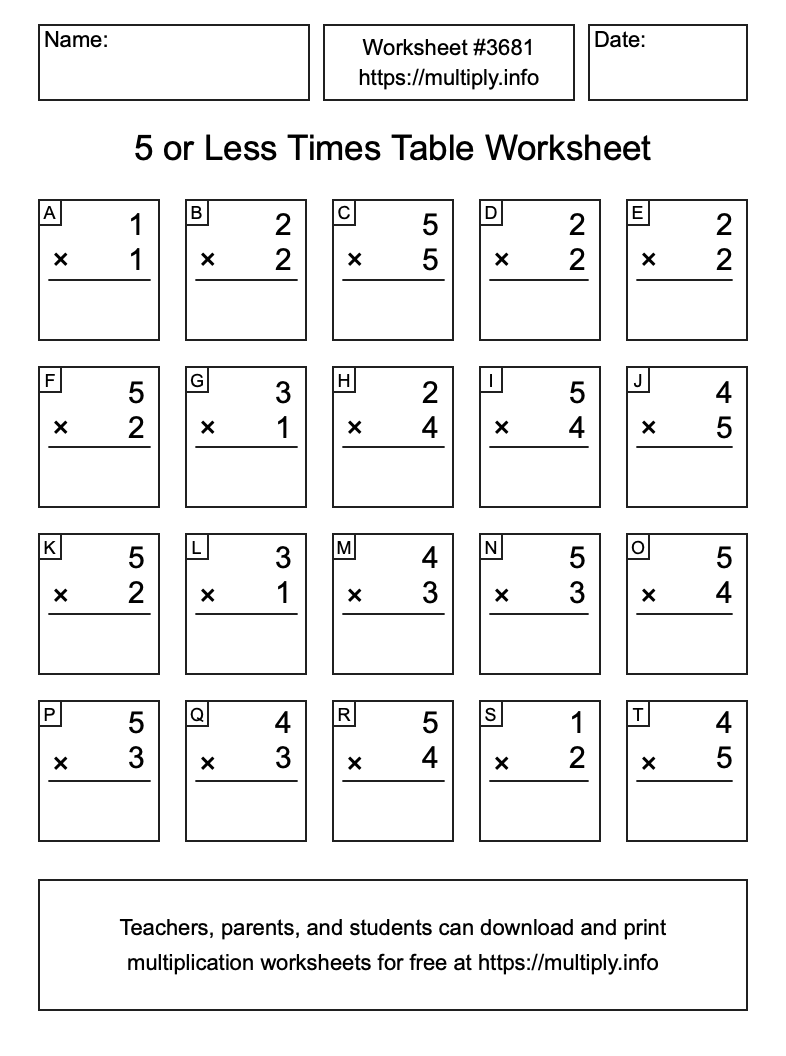 5 or less Times Table Worksheet #3681