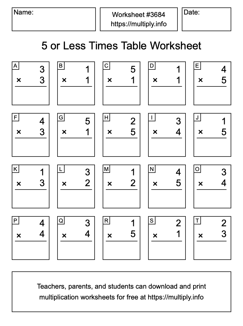 5 or less Times Table Worksheet #3684