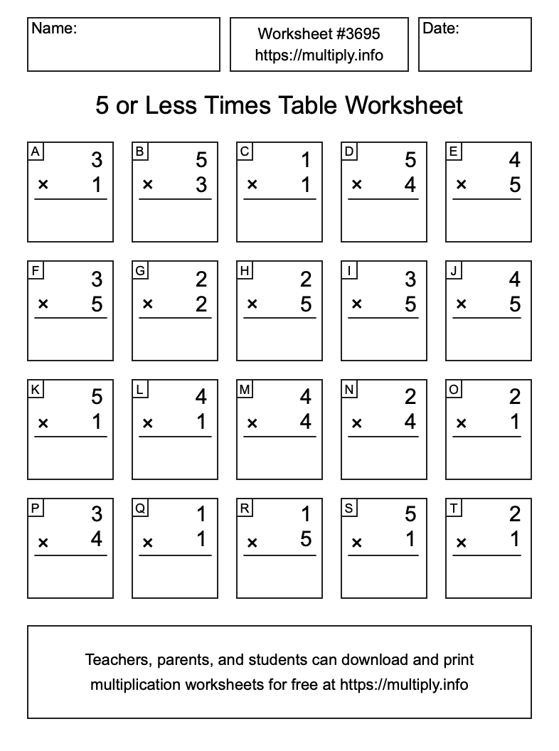 5 or less Times Table Worksheet #3695