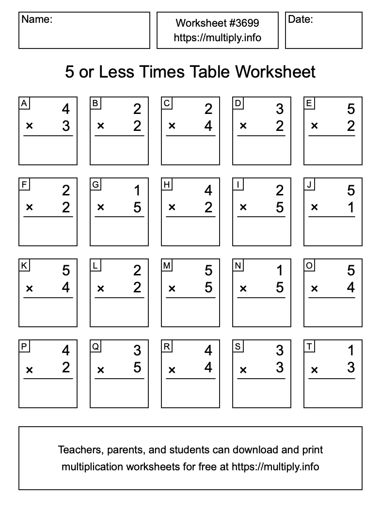 5 or less Times Table Worksheet #3699