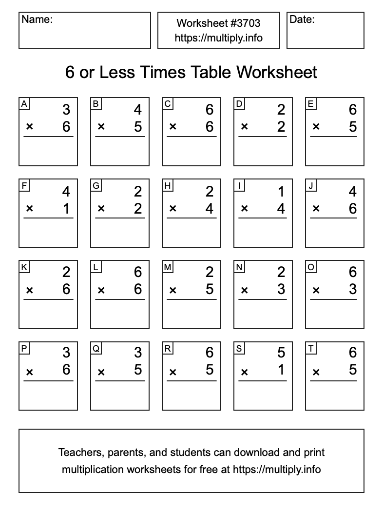 6 or less Times Table Worksheet #3703