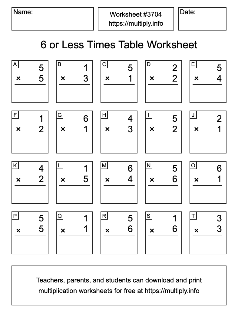 6 or less Times Table Worksheet #3704