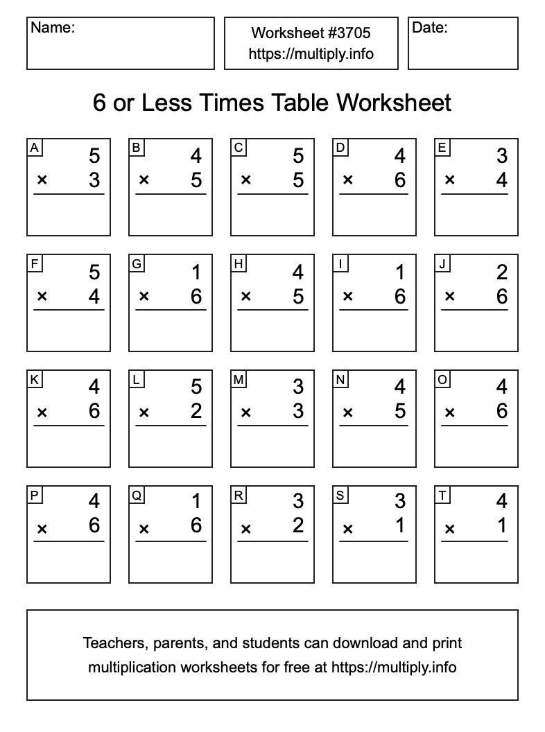 6 or less Times Table Worksheet #3705
