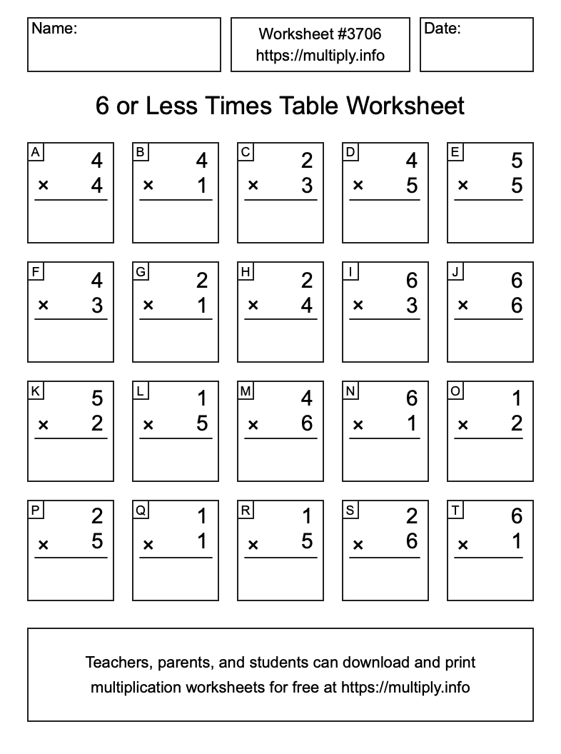 6 or less Times Table Worksheet #3706