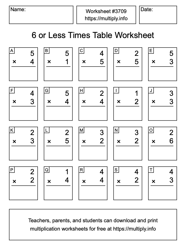 6 or less Times Table Worksheet #3709