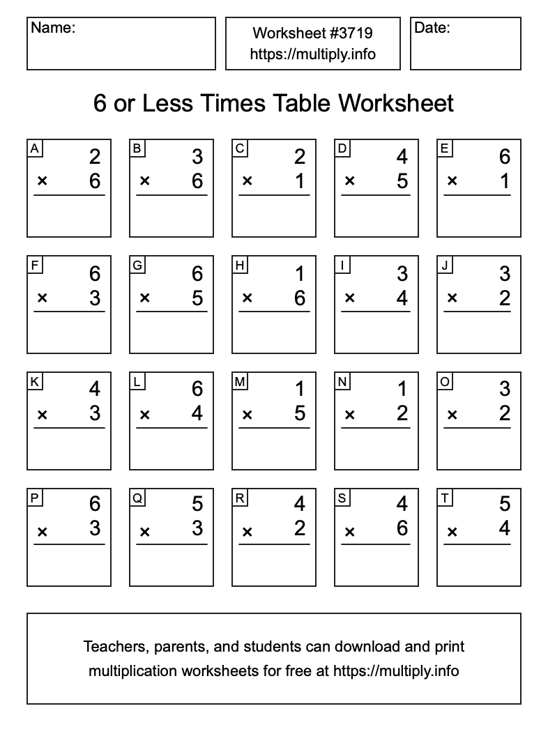 6 or less Times Table Worksheet #3719