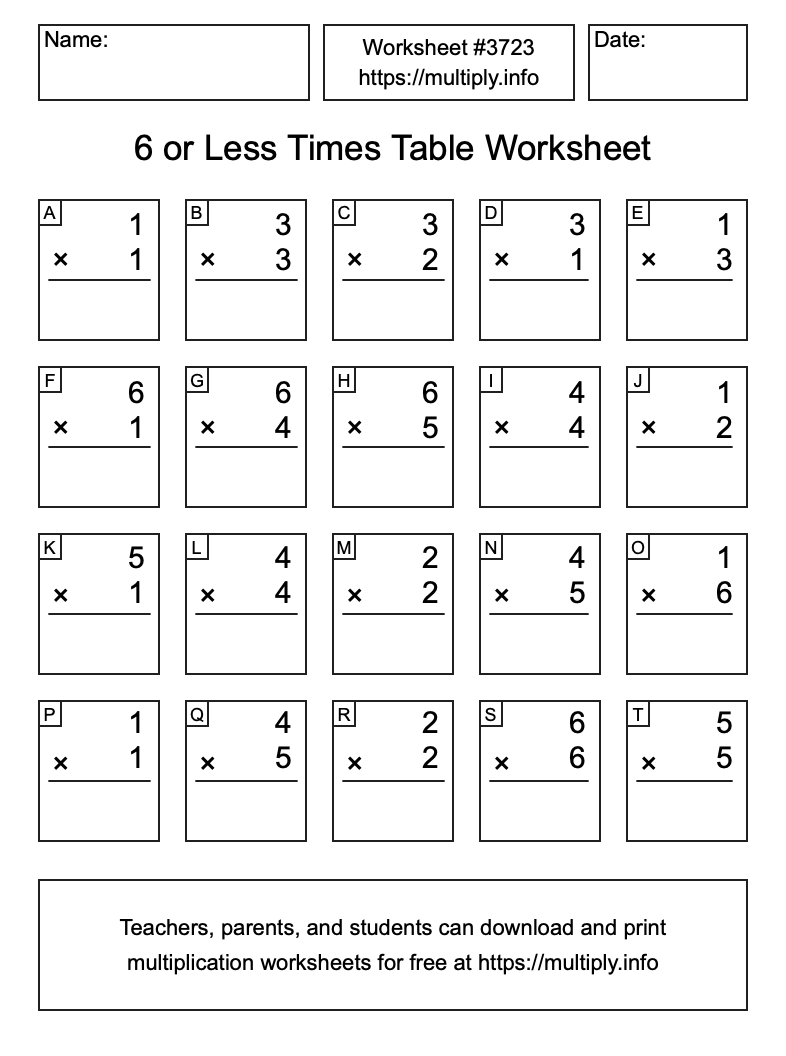 6 or less Times Table Worksheet #3723