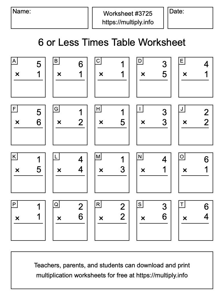 6 or less Times Table Worksheet #3725