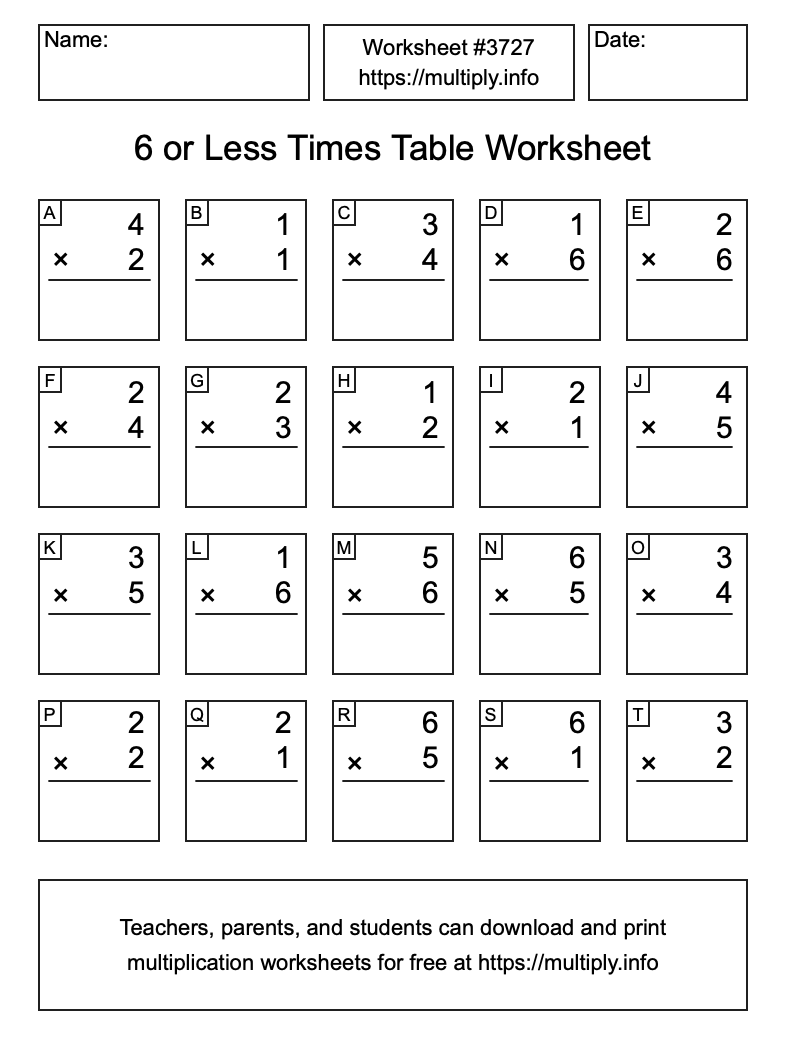 6 or less Times Table Worksheet #3727
