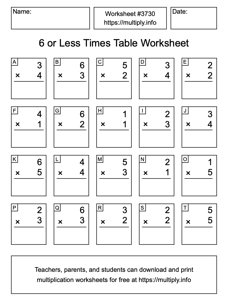 6 or less Times Table Worksheet #3730