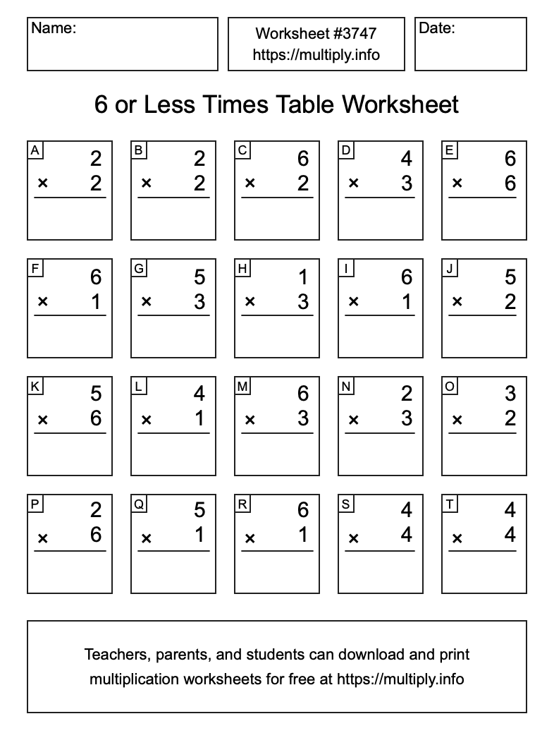 6 or less Times Table Worksheet #3747