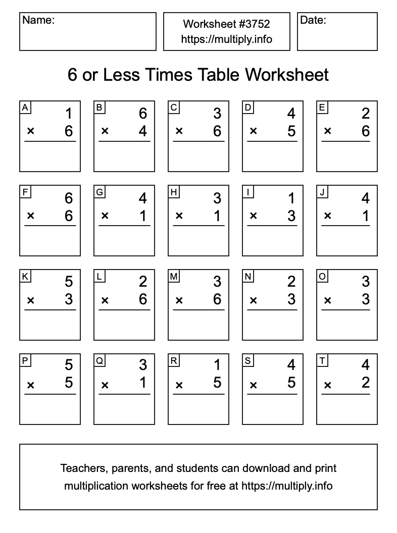 6 or less Times Table Worksheet #3752