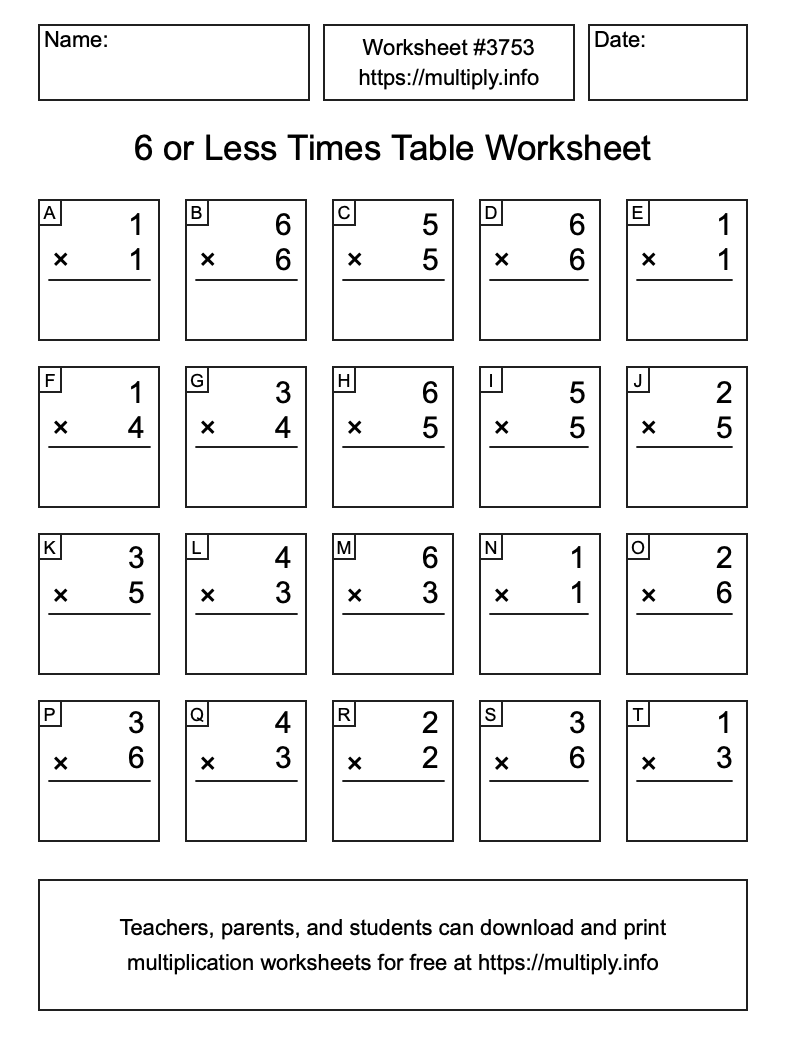 6 or less Times Table Worksheet #3753