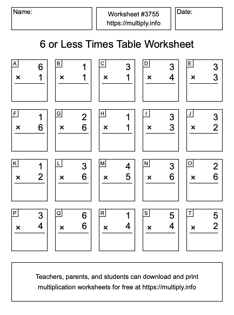 6 or less Times Table Worksheet #3755