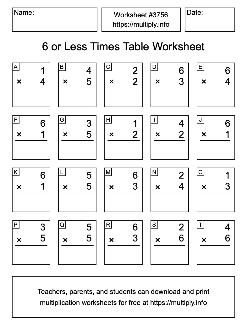 6 or less Times Table Worksheet #3756